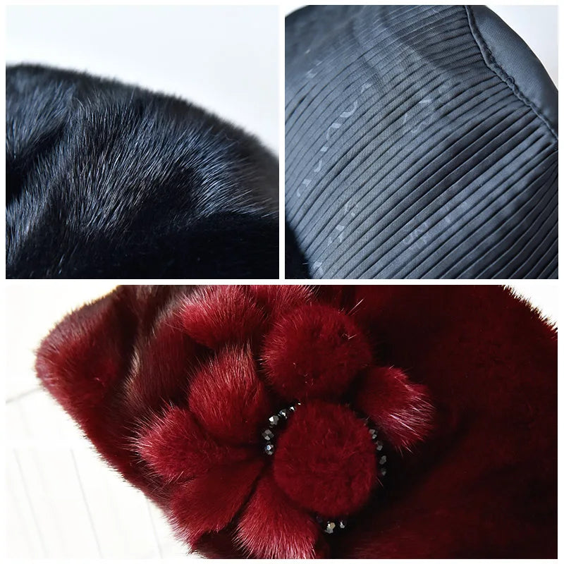 Wholesale Winter Elegant Fur Beret Hats for Women Real Whole Mink Fur Beret With Fur Flowers Luxurious French Style  Hats