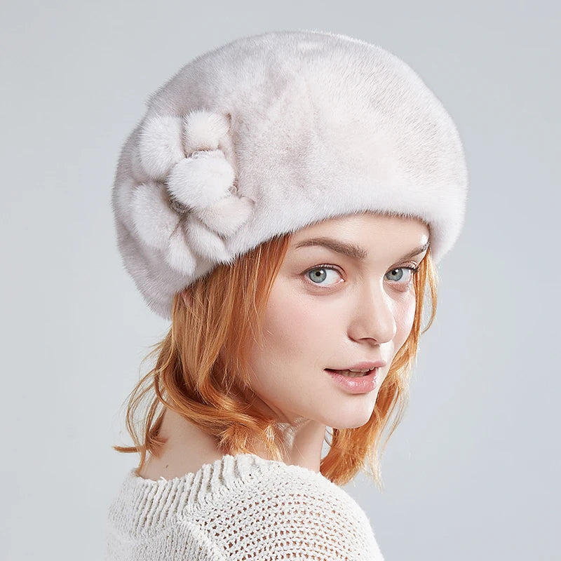 Wholesale Winter Elegant Fur Beret Hats for Women Real Whole Mink Fur Beret With Fur Flowers Luxurious French Style  Hats