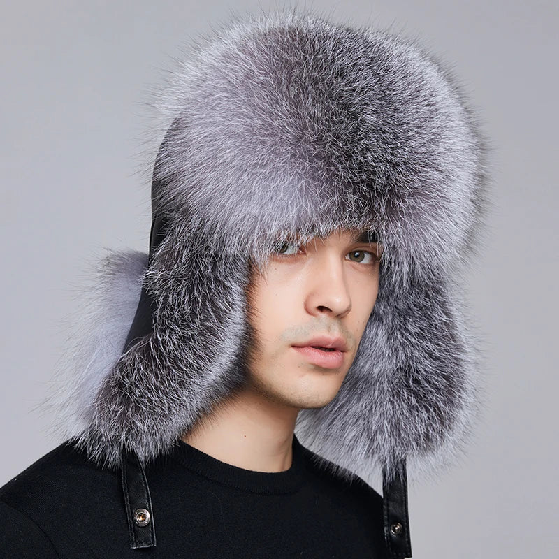 Winter Classic Real Raccoon Fur Russian Earflap Hat Real Leather Trapper Men Russian Ushanka Natural Fox Winter Fur Hats