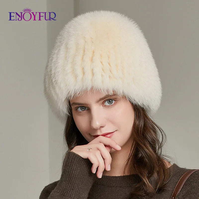 ENJOYFUR women winter fur hat genuine fox fur hats knitted silver fox fur caps female russian bomer caps