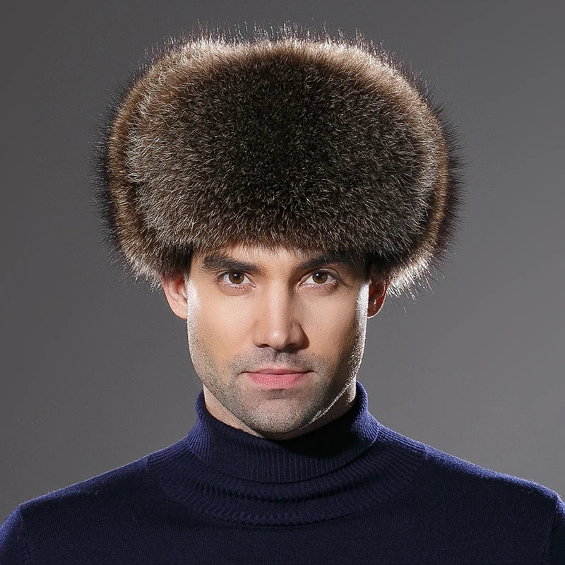 New Real Fox Fur Leather Bomber Russia Bomber Winter Hats for Men Winter Thick Warm Cap Ear Flaps