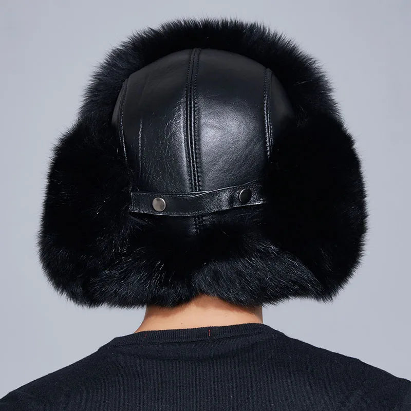 Wholesale Winter Real Leather Bomber Hats for Men Thick Russia Ushanka Trapper Caps Warm Genuine Fox Fur Hunting Caps Ski Hat