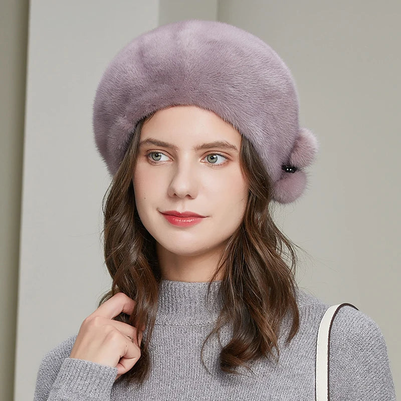 Wholesale Mink Fur Winter Hats Women Real Mink Fur Berets Warm Genuine Fur Caps With Flower New Female Hat