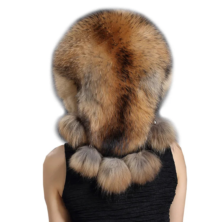 Winter Women's 100% Real fox Fur Bomber Hat Raccoon Fur Ushanka Cap Trapper Russian Man Ski Hats Caps Real Leather
