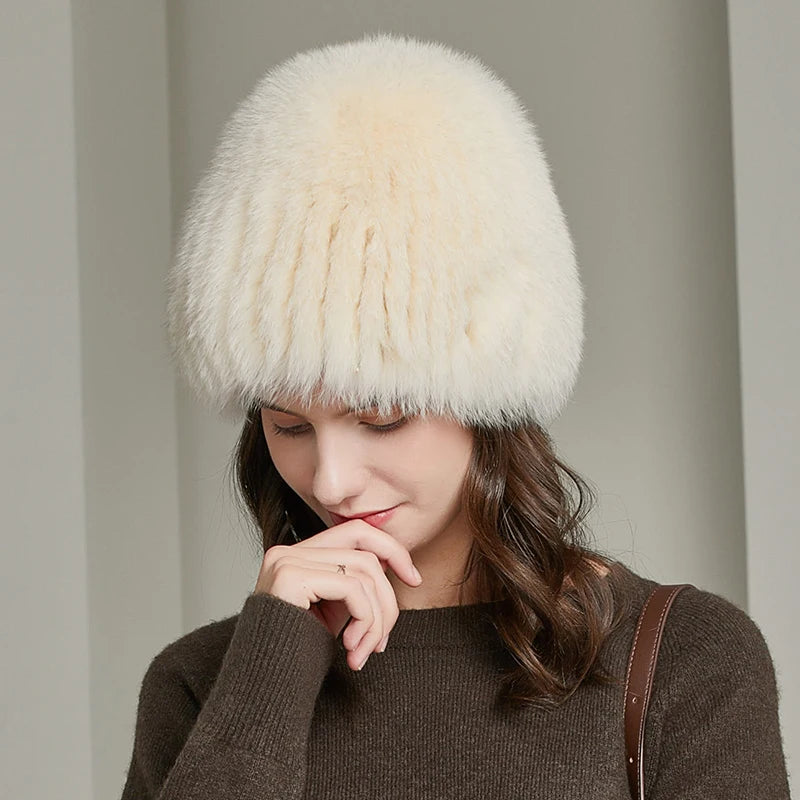 Wholesale Winter Whole Fox Fur Hat for Women Knitted Genuine Fur Beanie With Lining Warm Silver Fox Fur Caps Bomber Cap Ski Hats