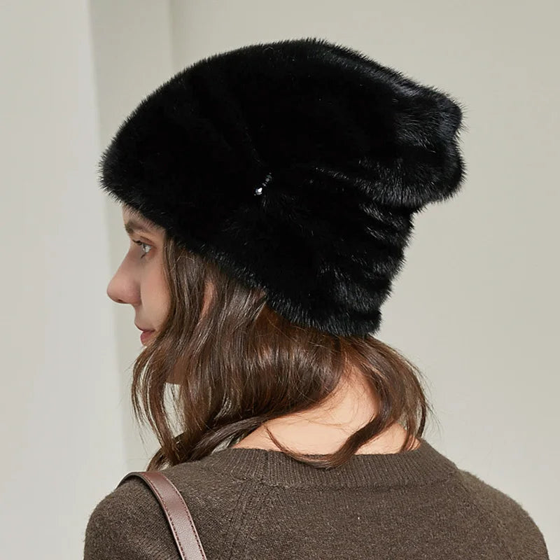 Women Winter Whole Mink Fur Hats Hand-Sewn Fashion Genuine Fur Bonnets Warm Female Casual Ski Designer Earflap Beanies Hats