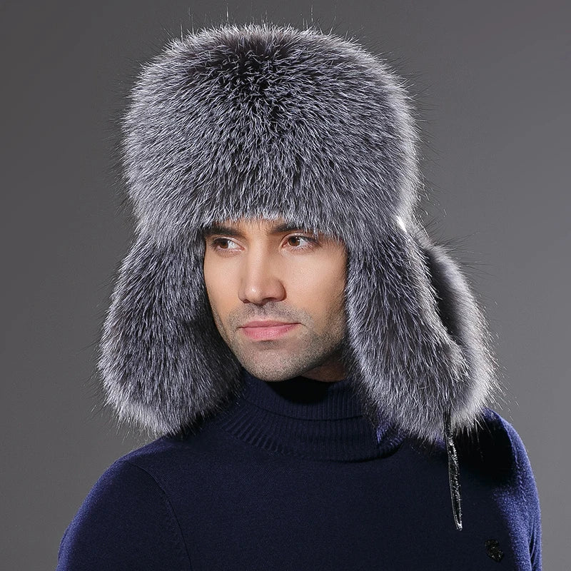 New Real Fox Fur Leather Bomber Russia Bomber Winter Hats for Men Winter Thick Warm Cap Ear Flaps