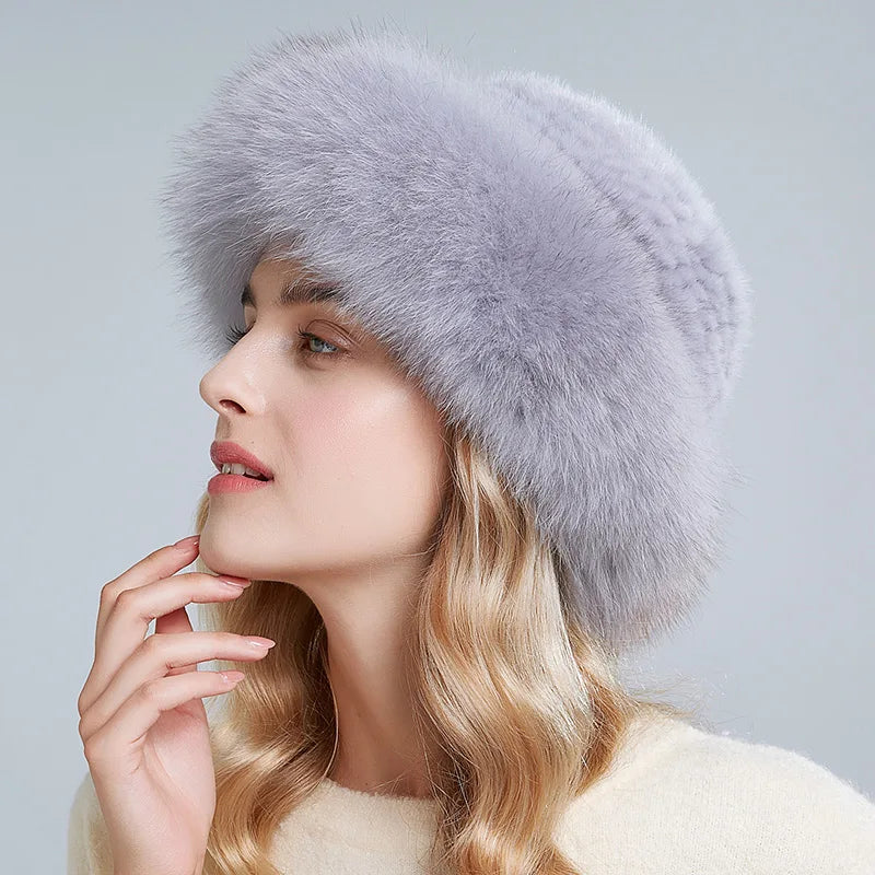 RTS Winter Real Fur Hats  for Women Wholesale Warm Bucket Caps Natural Mink Fur With Fox Fur Hat With Custom Logo