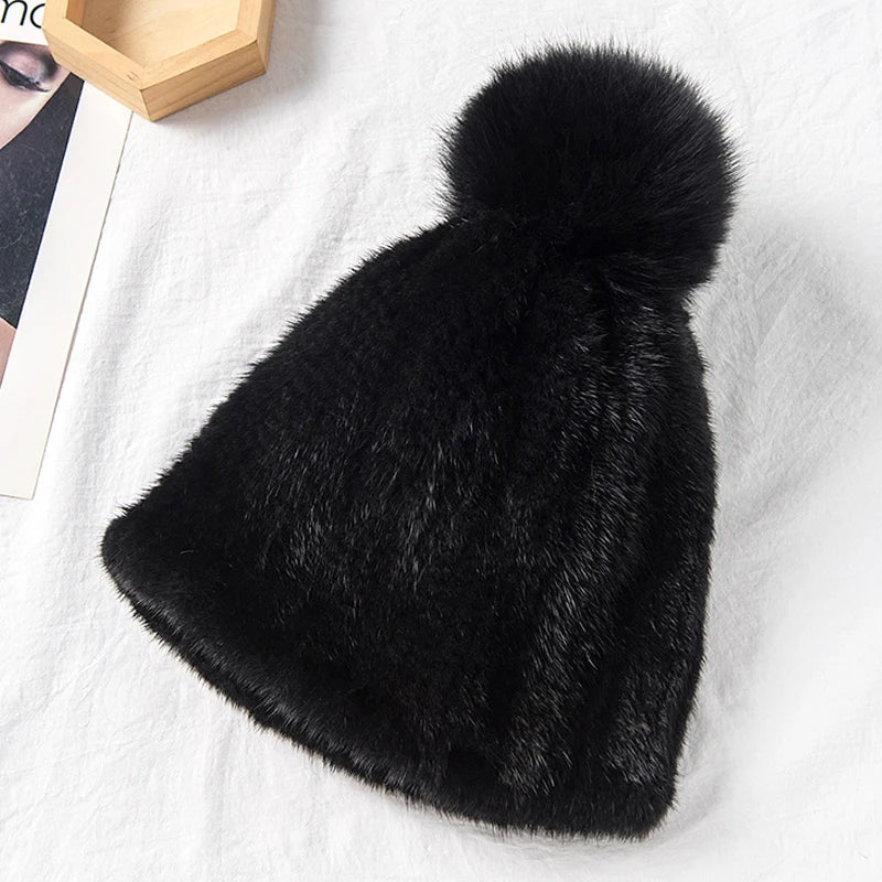 Winter Real Mink Fine Strip Weaving Beanie for Women Colorful Hand Knitted Mink Fur Hats With Real Fox Fur Pompom Warm Ski Hats