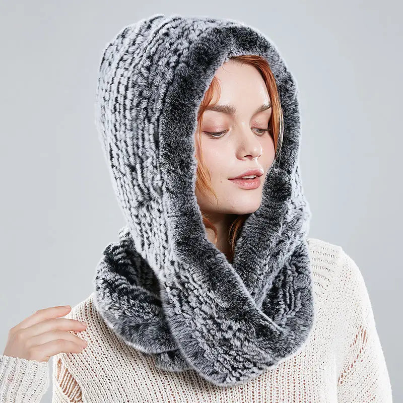 Wholesale Women Knitted Real Rex Rabbit Fur Hat Hooded Scarf Winter Hats for Woman  Warm Natural Fur Hat With Neck Scarves Set