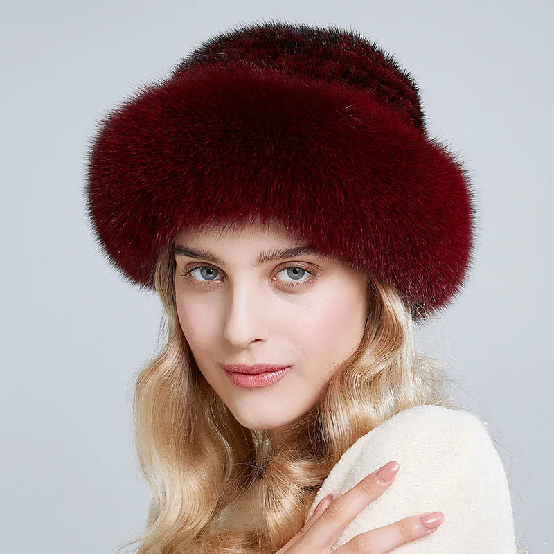 RTS Winter Real Fur Hats  for Women Wholesale Warm Bucket Caps Natural Mink Fur With Fox Fur Hat With Custom Logo