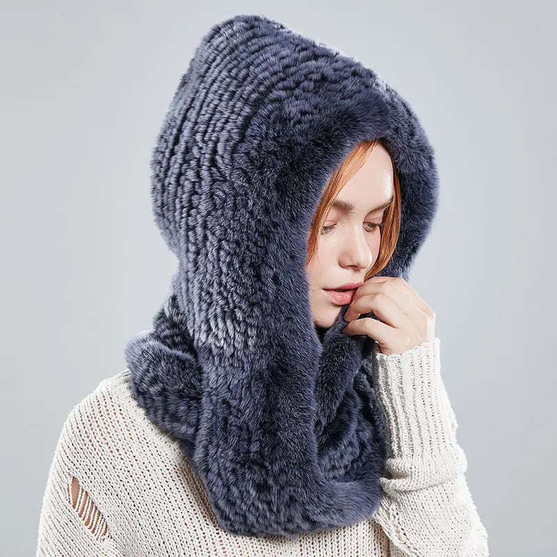 Wholesale Women Knitted Real Rex Rabbit Fur Hat Hooded Scarf Winter Hats for Woman  Warm Natural Fur Hat With Neck Scarves Set