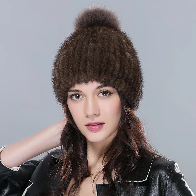 Real Mink Fur Hat Female High Quality Thick Warm Winter Hats for Women Fashion Luxury Knitted Fur Pompom Beanies