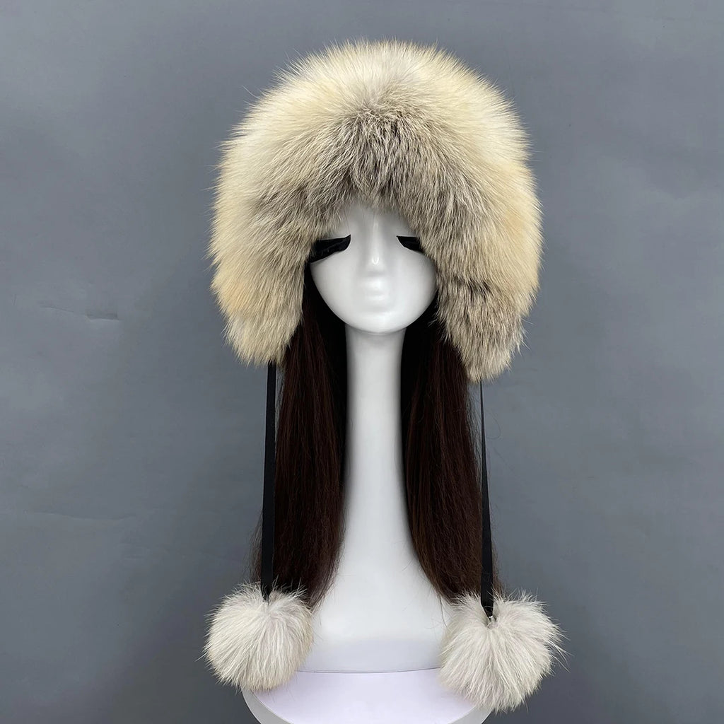 Janefur Luxury Real Raccoon Fur Russian Earflap Hat Women Winter Classic Style Pom Pom Natural Fox Fur Hats