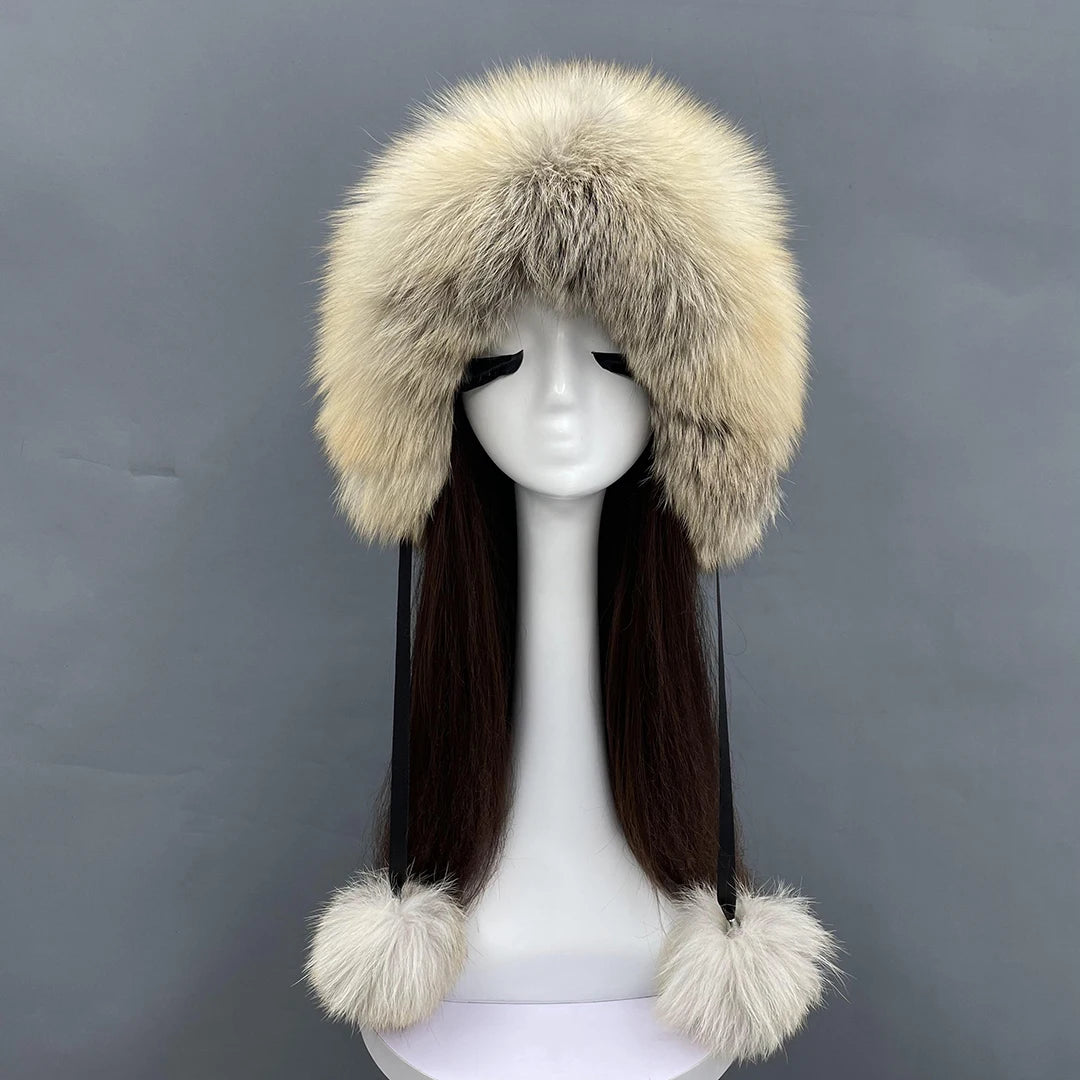 Janefur Luxury Real Raccoon Fur Russian Earflap Hat Women Winter Classic Style Pom Pom Natural Fox Fur Hats