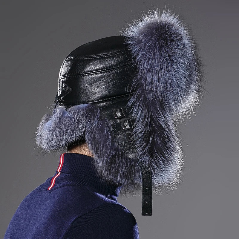 New Real Fox Fur Leather Bomber Russia Bomber Winter Hats for Men Winter Thick Warm Cap Ear Flaps