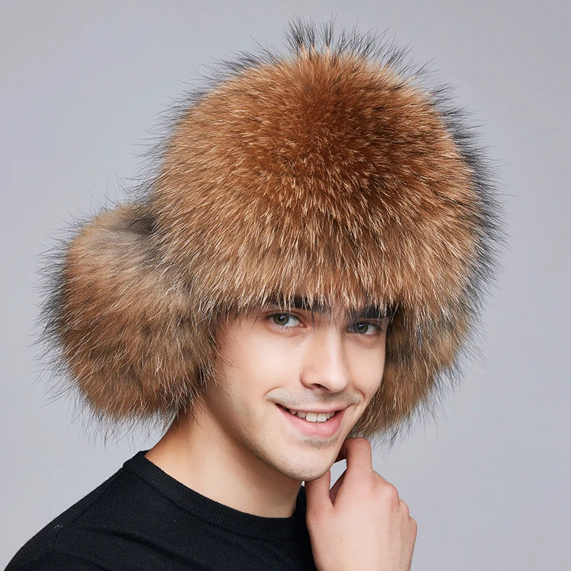 Winter Classic Real Raccoon Fur Russian Earflap Hat Real Leather Trapper Men Russian Ushanka Natural Fox Winter Fur Hats