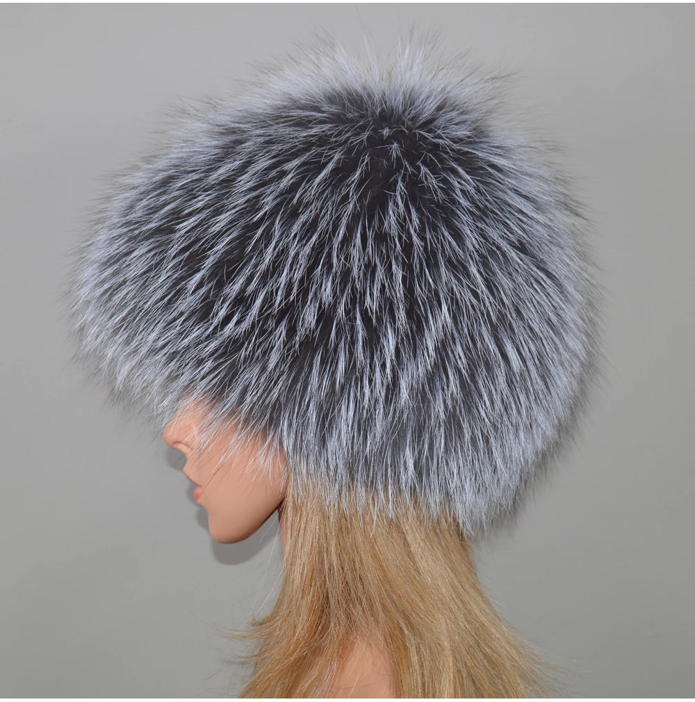 MWFur Luxury Winter Thicken Fur Hats Knitted Girls Warm Beanies Elastic Furry Fox Fur Hat for Women