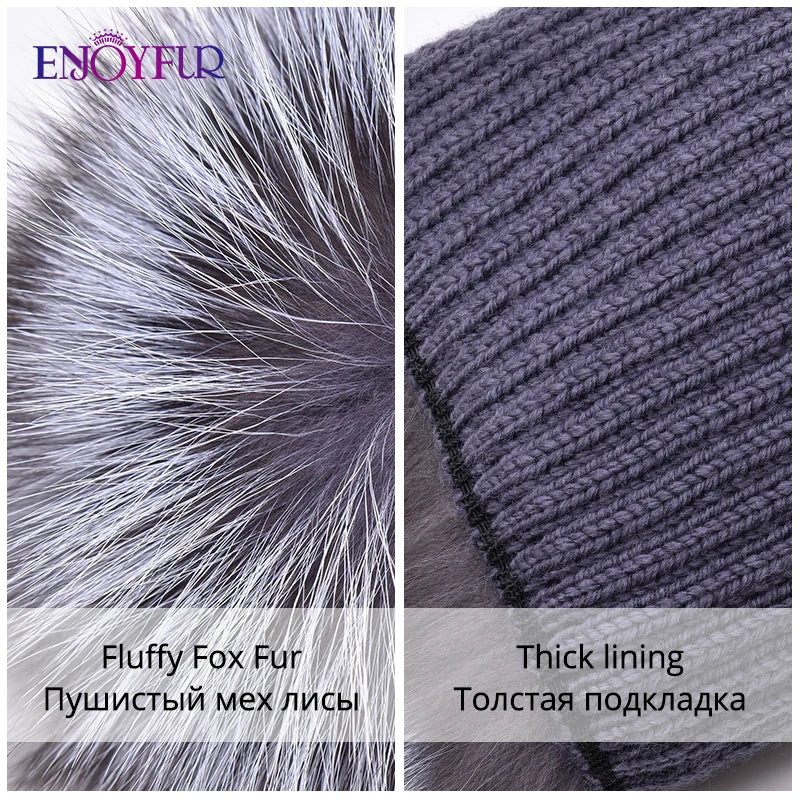 ENJOYFUR women winter fur hat genuine fox fur hats knitted silver fox fur caps female russian bomer caps
