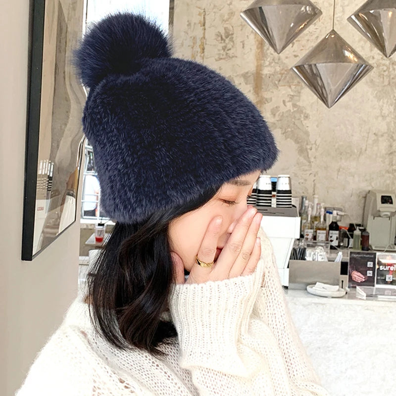 Winter Real Mink Fine Strip Weaving Beanie for Women Colorful Hand Knitted Mink Fur Hats With Real Fox Fur Pompom Warm Ski Hats