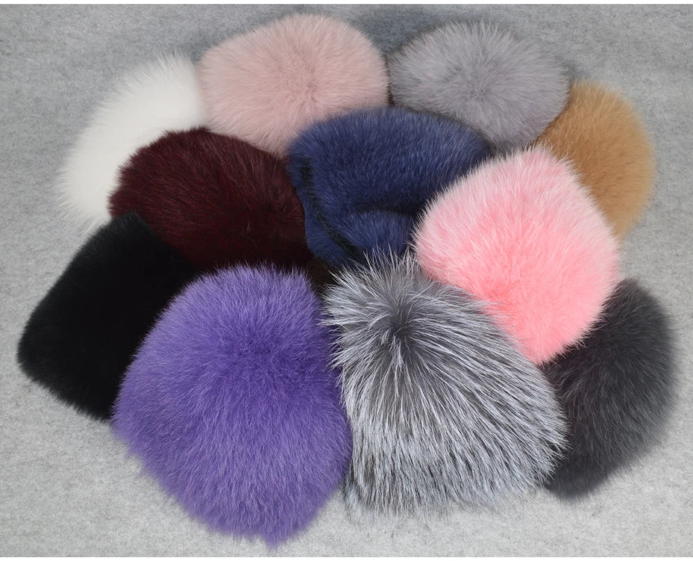 MWFur Luxury Winter Thicken Fur Hats Knitted Girls Warm Beanies Elastic Furry Fox Fur Hat for Women