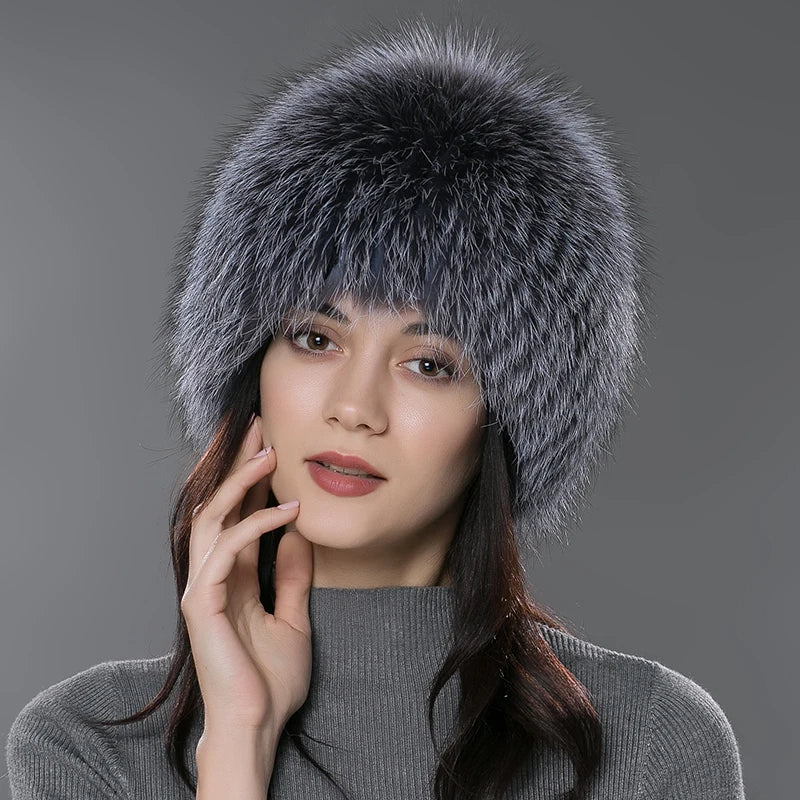 Wholesale Winter Whole Fox Fur Hat for Women Knitted Genuine Fur Beanie With Lining Warm Silver Fox Fur Caps Bomber Cap Ski Hats
