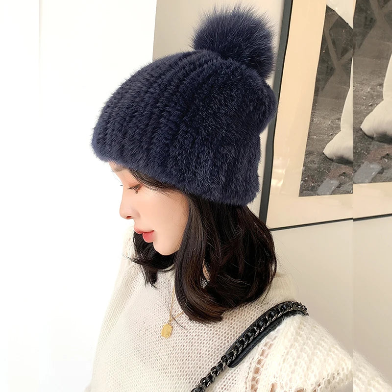 Winter Real Mink Fine Strip Weaving Beanie for Women Colorful Hand Knitted Mink Fur Hats With Real Fox Fur Pompom Warm Ski Hats