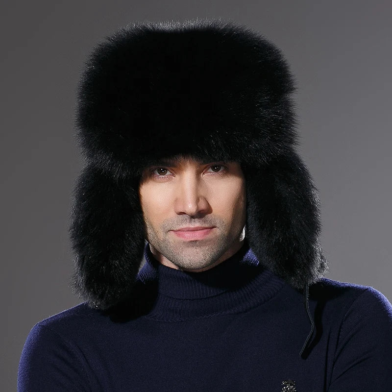 New Real Fox Fur Leather Bomber Russia Bomber Winter Hats for Men Winter Thick Warm Cap Ear Flaps