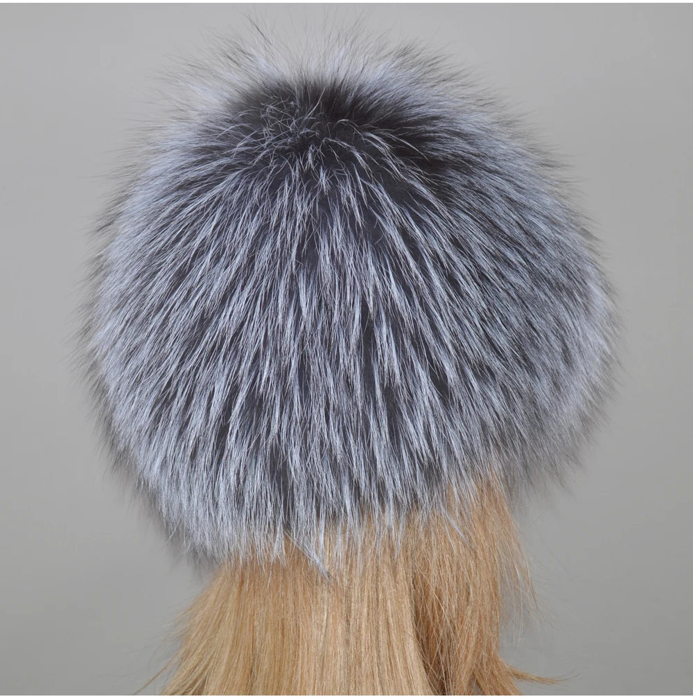 MWFur Luxury Winter Thicken Fur Hats Knitted Girls Warm Beanies Elastic Furry Fox Fur Hat for Women