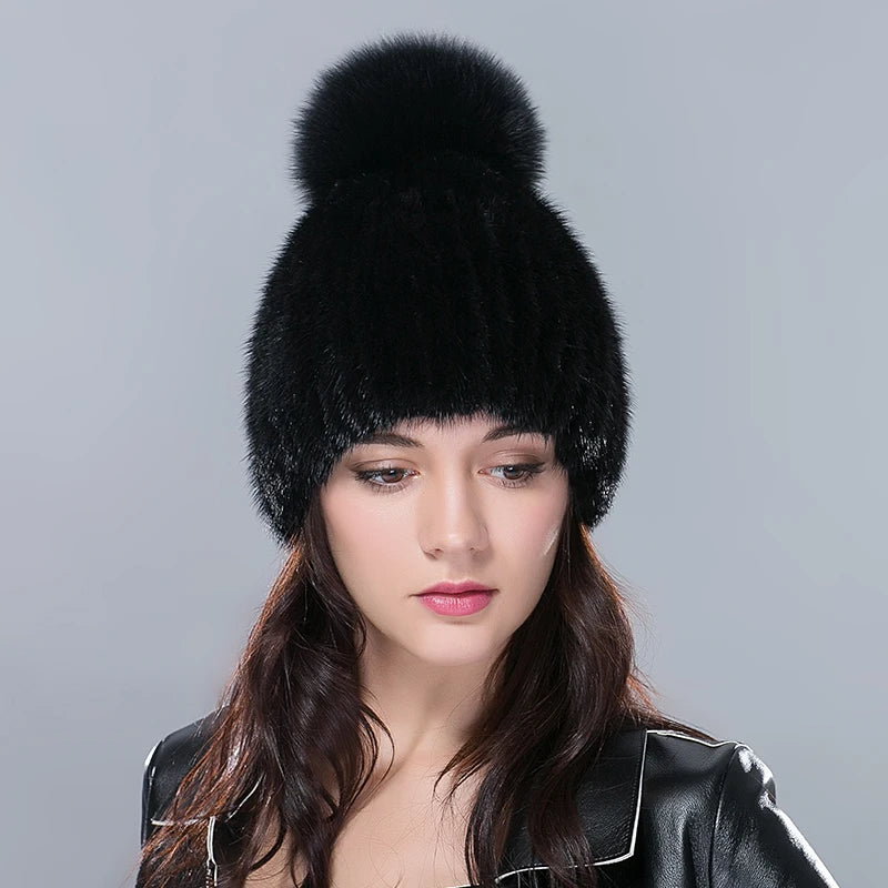 Real Mink Fur Hat Female High Quality Thick Warm Winter Hats for Women Fashion Luxury Knitted Fur Pompom Beanies