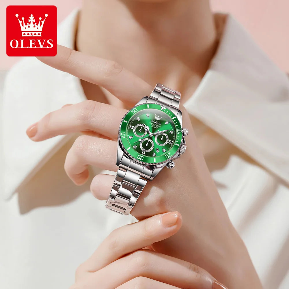 Olevs 5632 Quartz Watch for Women Fashion Sports Chronograph Luminous Calendar Diamond Logo 18mm Alloy Multi-Functional Gift