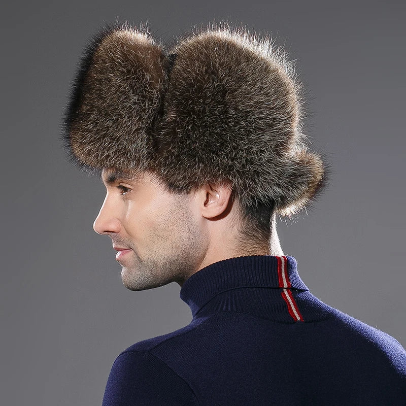 New Real Fox Fur Leather Bomber Russia Bomber Winter Hats for Men Winter Thick Warm Cap Ear Flaps