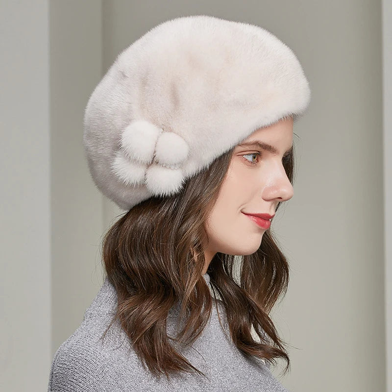Wholesale Mink Fur Winter Hats Women Real Mink Fur Berets Warm Genuine Fur Caps With Flower New Female Hat