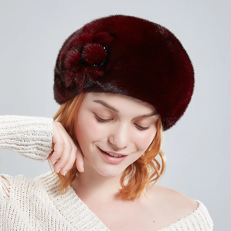 Wholesale Winter Elegant Fur Beret Hats for Women Real Whole Mink Fur Beret With Fur Flowers Luxurious French Style  Hats