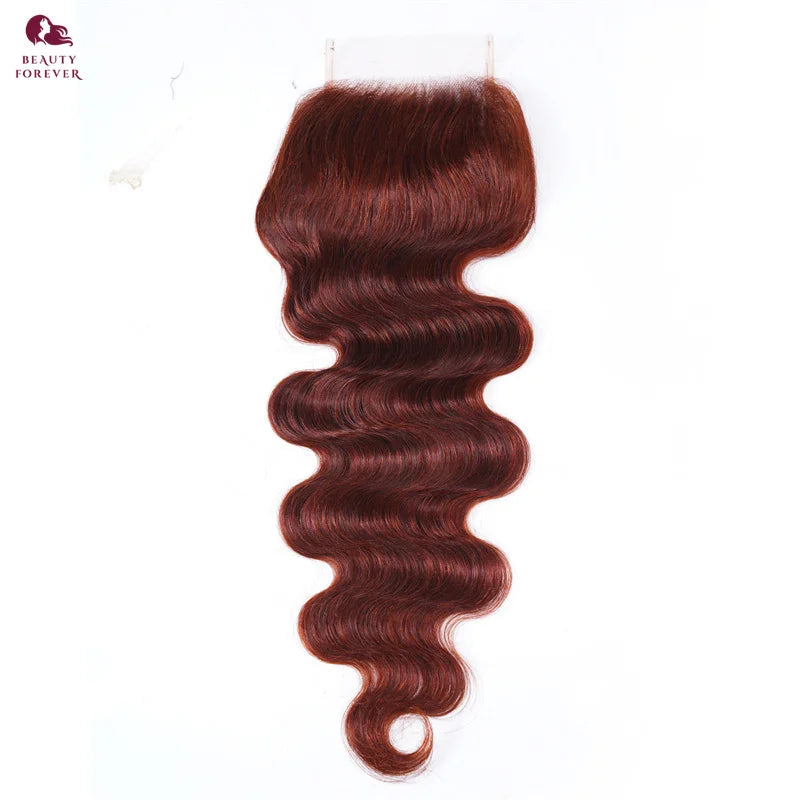Grade 12A Colored Human Hair Bundles With Closure Reddish Brown Brazilian Body Wave 3 Bundles With 4x4 Lace Closure For Women