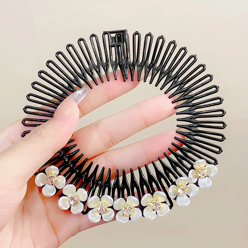 Stretch Pearl Flower Hairbands for Women Plastic Flexible Circle Headband Wavy Hair Hoop Face Wash Fixed Korean Hair Accessories