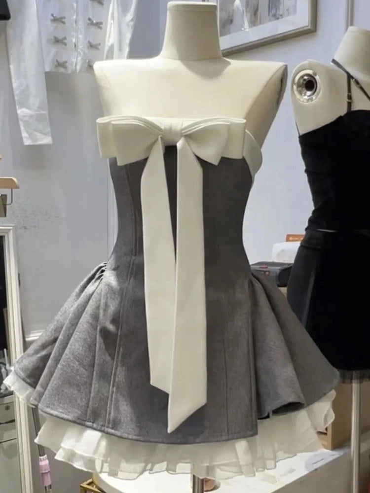 Vintage Elegant Woman Dress Strapless Bow Patchwork High Waist Puffy Mini Dress Female French Chic Sexy Outfits 2025 Summer New