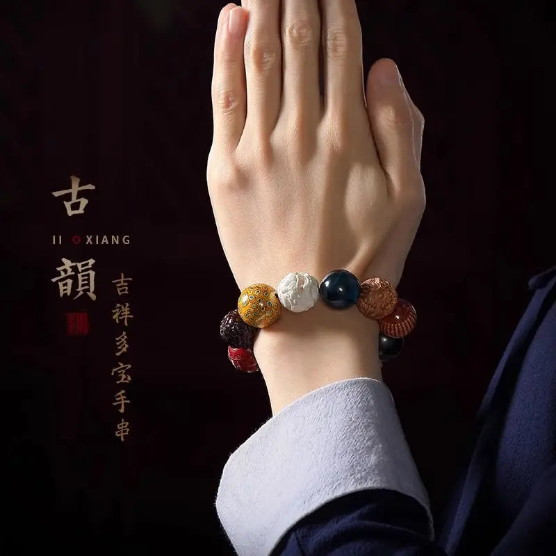 Collectible Hetian Jade Multi-Gem Bracelet Play Jade Mammoth Ivory Pixiu Buddha Beads Cultural Play Handheld Piece