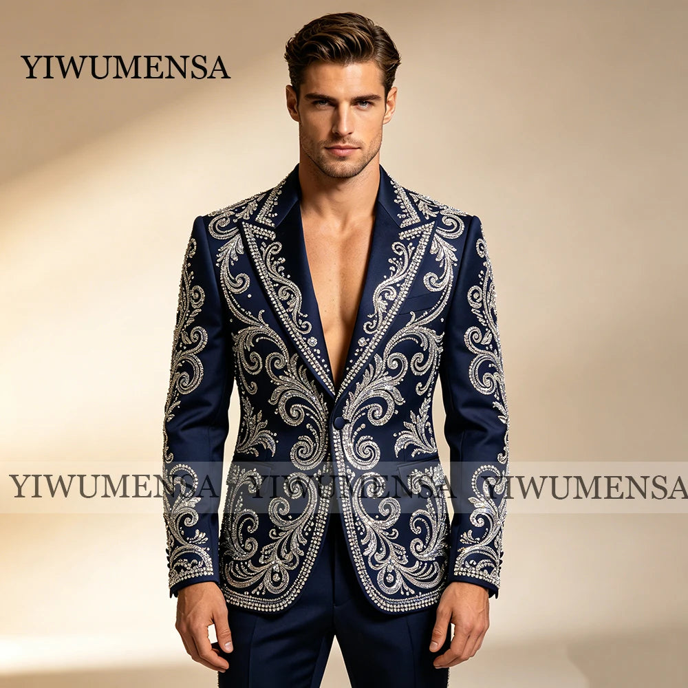 Exquisite Single Breasted Wedding Suit For Man Rhinestones Beaded Prom Blazer Pants 2 Piece Sets Groom Tuxedo Attire Ropa Hombre