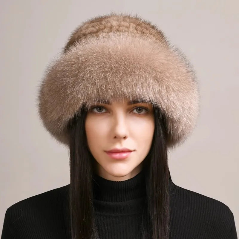 New Genuine Real Natural Knitted Mink Fur Hat Cap Real Fox Fur BeaniesLuxury Women Handmade Knit Fashion Winter Warm Headwear