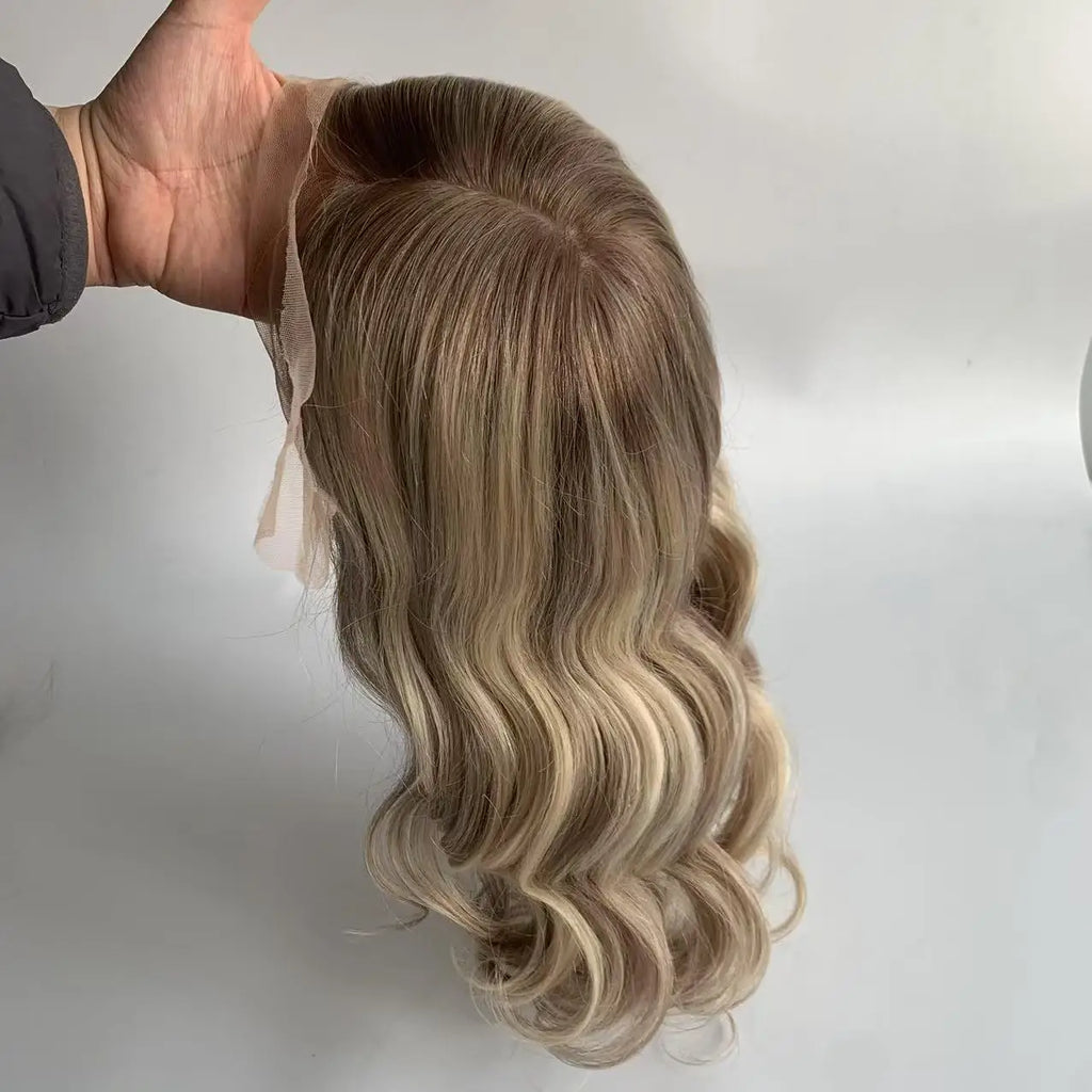 Ash Blonde Silk Top Silicone Cap Medical Gluless Wig Replacement European Human Hair For Alopecia Or Cancer