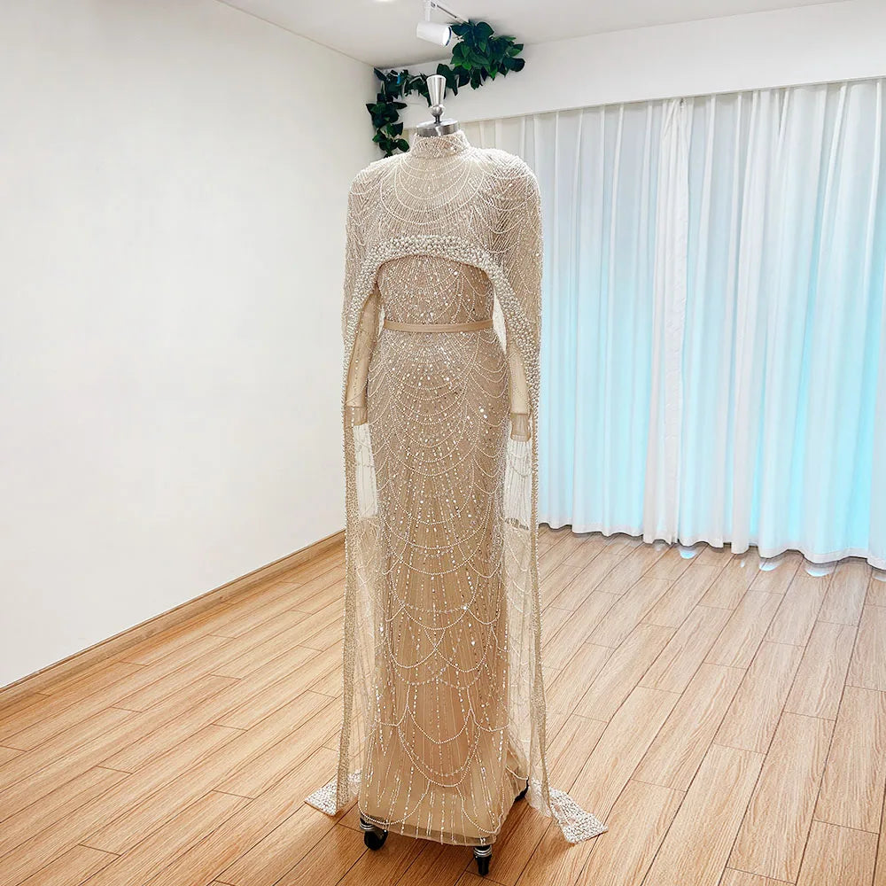 Luxury Pearls Dubai Arabia Evening Dress with Cape 2026 Mermaid Long Sleeves Formal Prom Wedding Party Gown for Women Customized