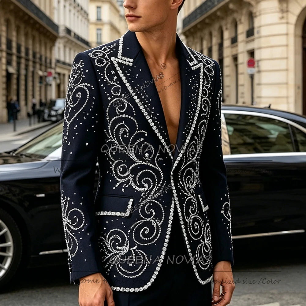 Brilliant Wedding Suit For Men Beaded Stones Groom Prom Blazer Customized Single Breasted Jacket Pants 2 Piece Terno Masculinos