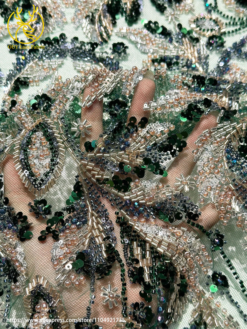 Green Luxury Precious French Handmade Heavy Beaded Lace Fabric High End African Nigerian Sequin Lace Wedding Party Dresses