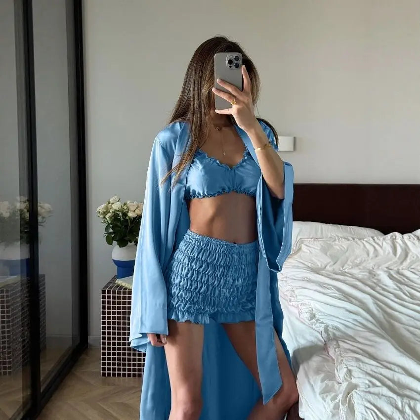 Pajamas Three-piece Long-sleeved Nightgown Shorts Loungewear Women's