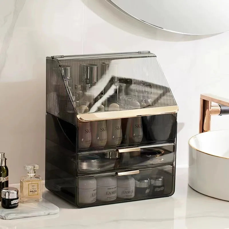 High appearance makeup case cross-border dustproof large capacity multi-layer semi transparent makeup light luxury storage