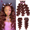 Grade 12A Colored Human Hair Bundles With Closure Reddish Brown Brazilian Body Wave 3 Bundles With 4x4 Lace Closure For Women