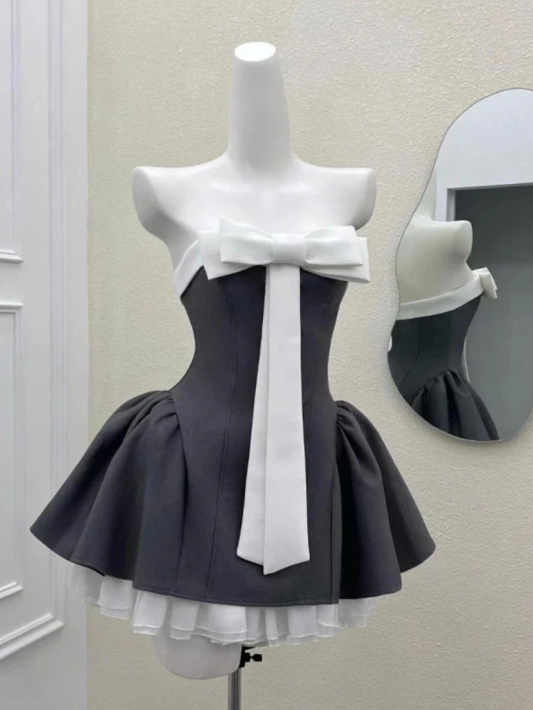 Vintage Elegant Woman Dress Strapless Bow Patchwork High Waist Puffy Mini Dress Female French Chic Sexy Outfits 2025 Summer New