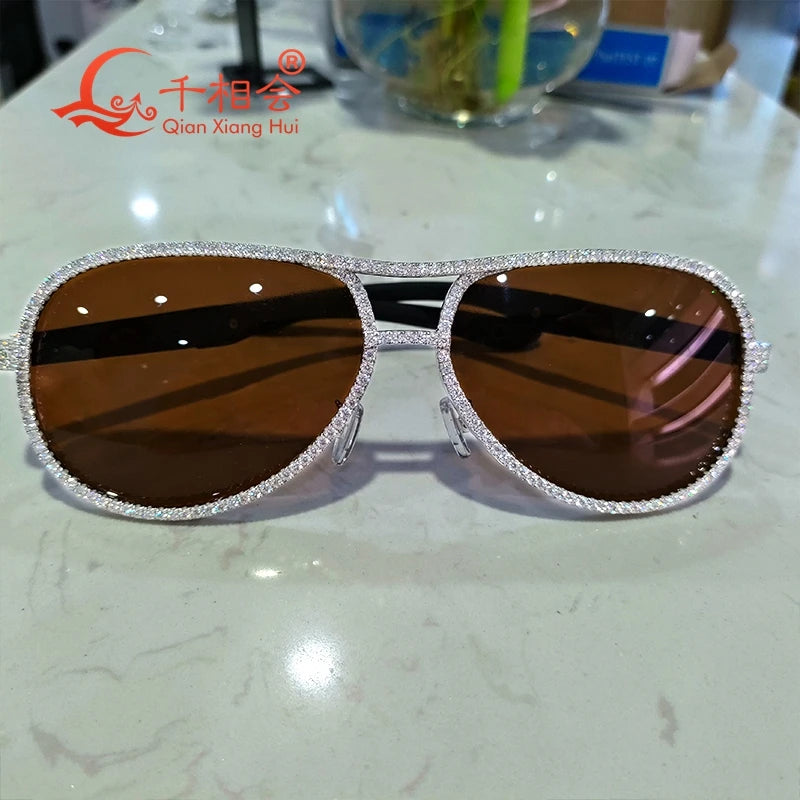 Full White Moissanite Silver Fashion Sunglasses Vintage Designer Big Frame Brown Glasses for Women And Men Cool Sexy Sunwear