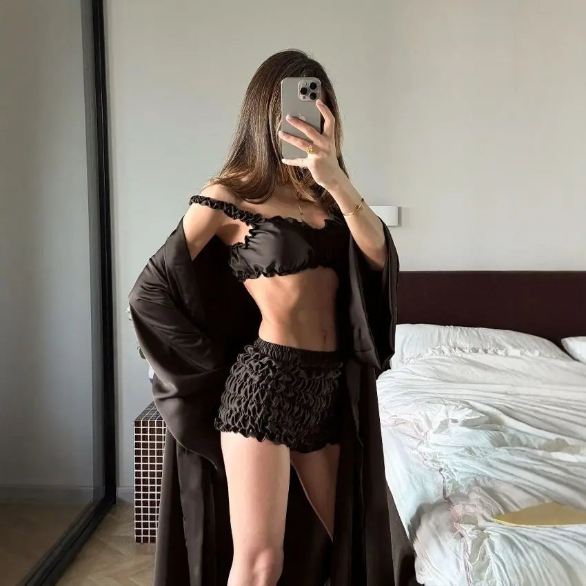 Pajamas Three-piece Long-sleeved Nightgown Shorts Loungewear Women's